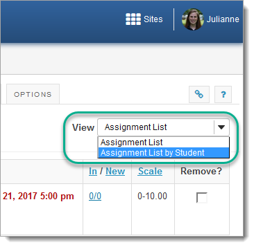 Image indicating where to look for the "View" dropdown menu to find the "Assignment List by Student."